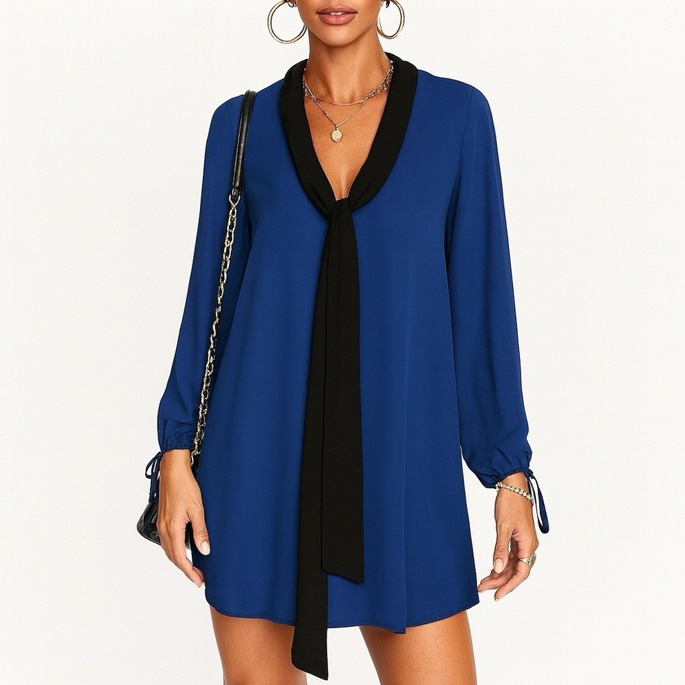 Charles Henry Blue Black Tie Neck Designer Dress XS‎ Long Sleeve Dark Academia